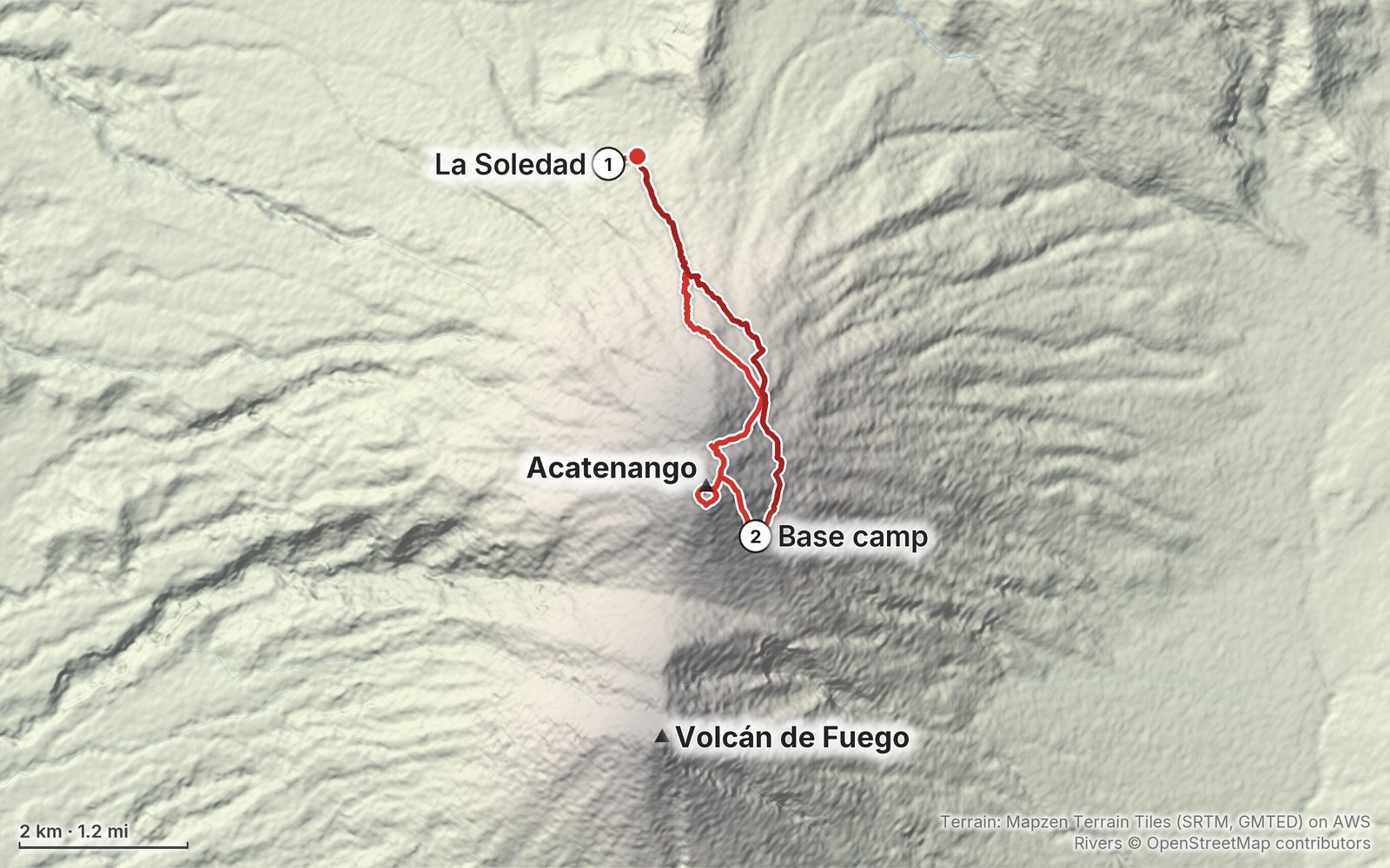 Relief map of the Acatenango Volcano route: 2 days drawn in red with numbered day starts, labelled La Soledad, Acatenango, Volcán de Fuego and Base camp.