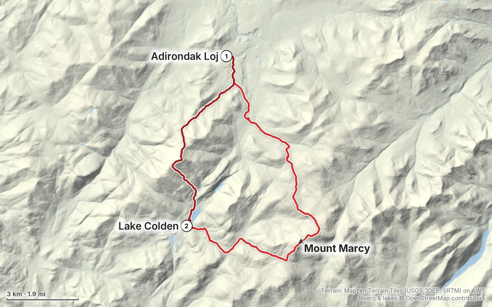 Relief map of the Adirondack High Peaks route: 2 days drawn in red with numbered day starts, labelled Adirondak Loj, Mount Marcy and Lake Colden.