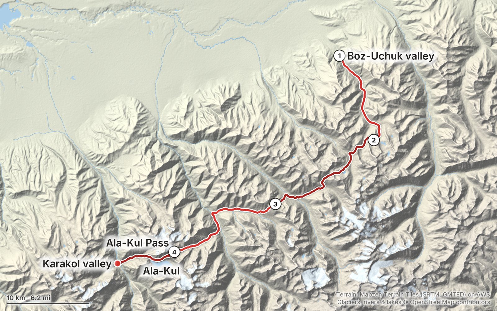 Relief map of the Ak-Suu Traverse route: 4 days drawn in red with numbered day starts, labelled Boz-Uchuk valley, Karakol valley, Ala-Kul and Ala-Kul Pass.