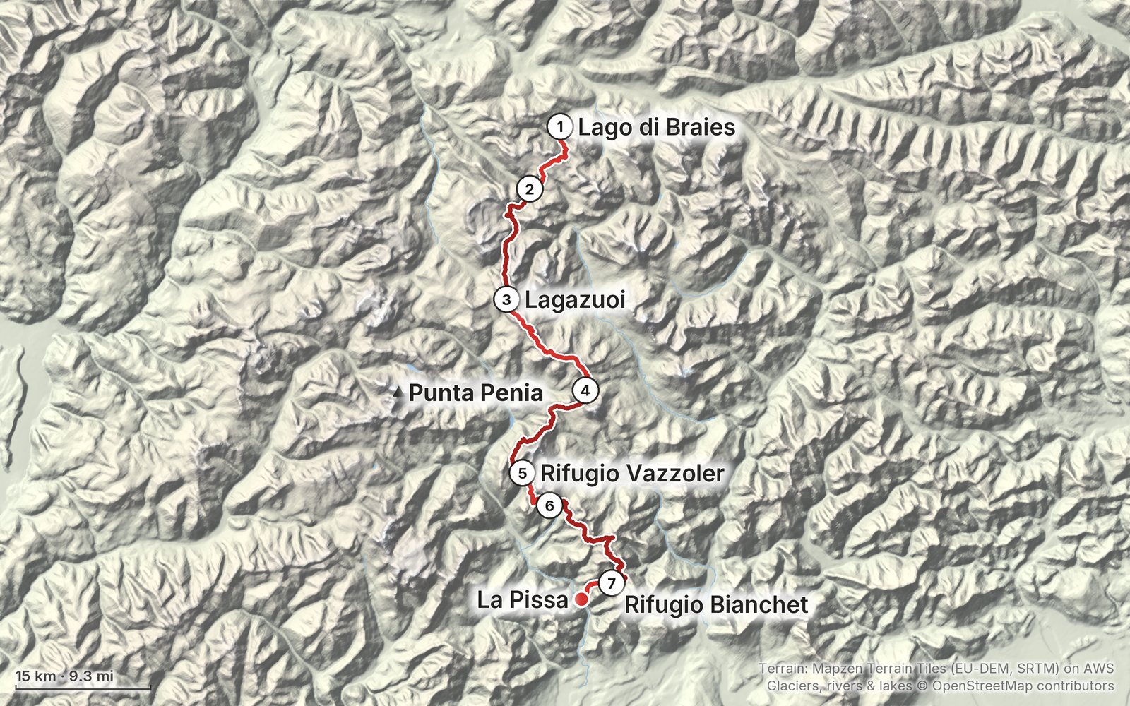 Relief map of the Alta Via 1 route: 7 days drawn in red with numbered day starts, labelled Lago di Braies, La Pissa, Punta Penia, Lagazuoi, Rifugio Vazzoler and Rifugio Bianchet.