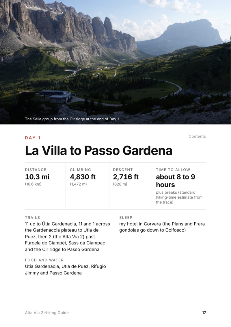 A day page page from the Alta Via 2 Hiking Guide