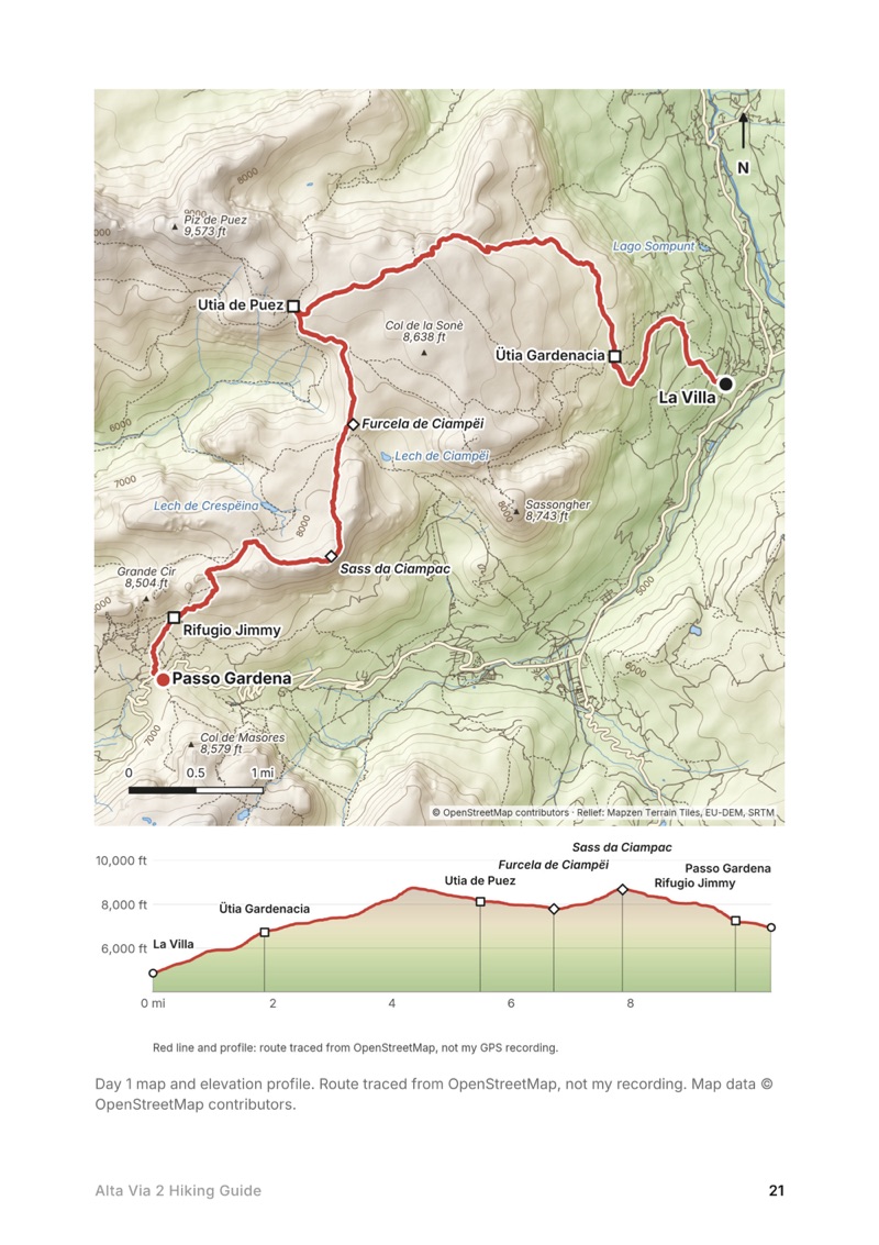 A day map and elevation profile page from the Alta Via 2 Hiking Guide