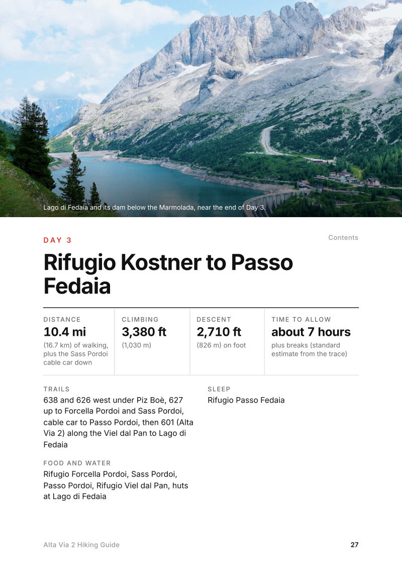 The Day 3, Rifugio Kostner to Passo Fedaia page from the Alta Via 2 Hiking Guide