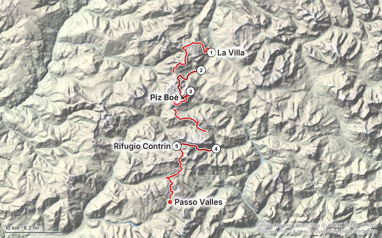 Relief map of the Alta Via 2 route: 5 days drawn in red with numbered day starts, labelled La Villa, Passo Valles, Piz Boè and Rifugio Contrin.
