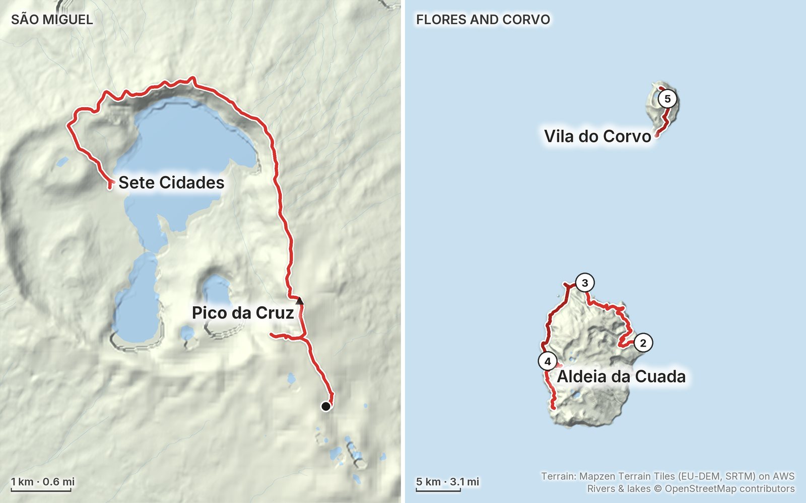 Relief maps of the Azores hikes in São Miguel and Flores and Corvo, each walk drawn in red, with Pico da Cruz, Sete Cidades, Aldeia da Cuada and Vila do Corvo marked.