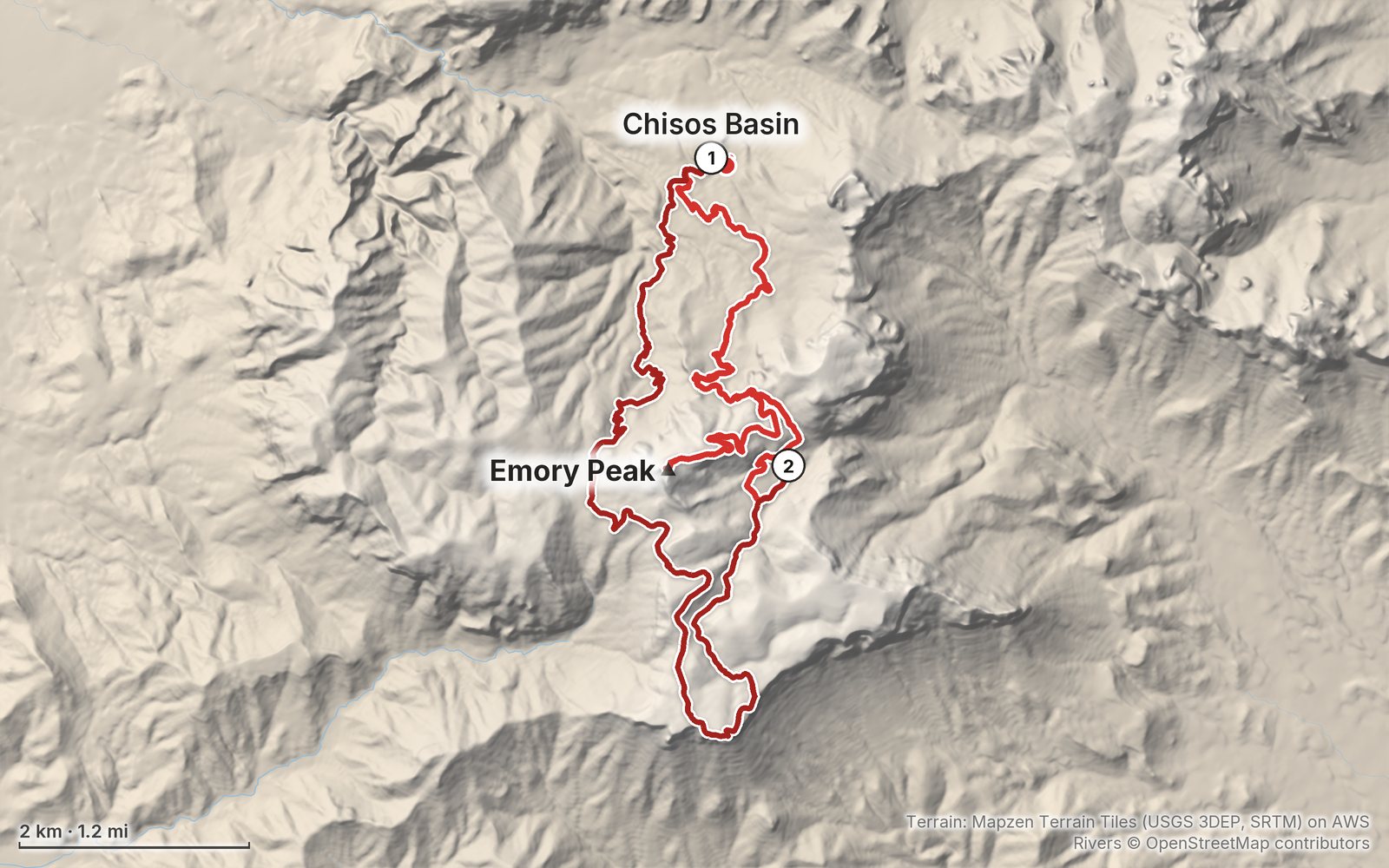 Relief map of the Big Bend route: 2 days drawn in red with numbered day starts, labelled Chisos Basin and Emory Peak.