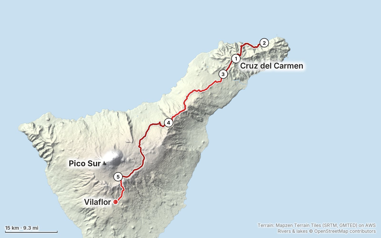 Relief map of the Canary Islands route: 5 days drawn in red with numbered day starts, labelled Cruz del Carmen, Vilaflor and Pico Sur.