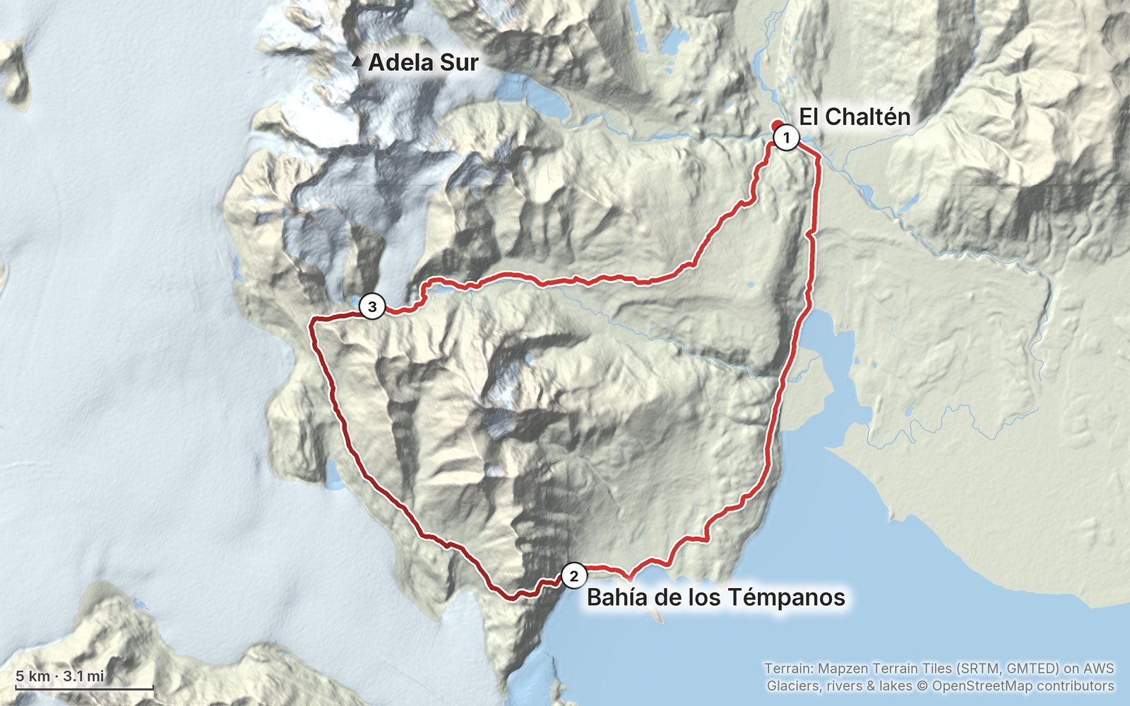 Relief map of the Cerro Huemul Circuit route: 3 days drawn in red with numbered day starts, labelled El Chaltén, Adela Sur and Bahía de los Témpanos.