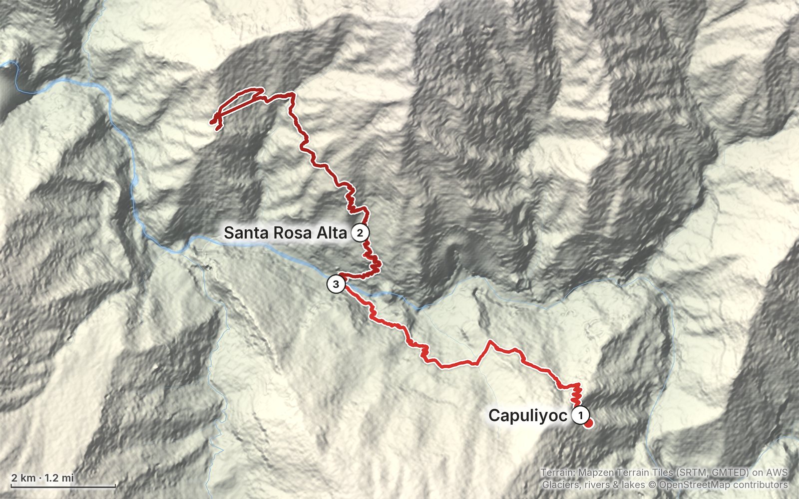 Relief map of the Choquequirao route: 3 days drawn in red with numbered day starts, labelled Capuliyoc and Santa Rosa Alta.