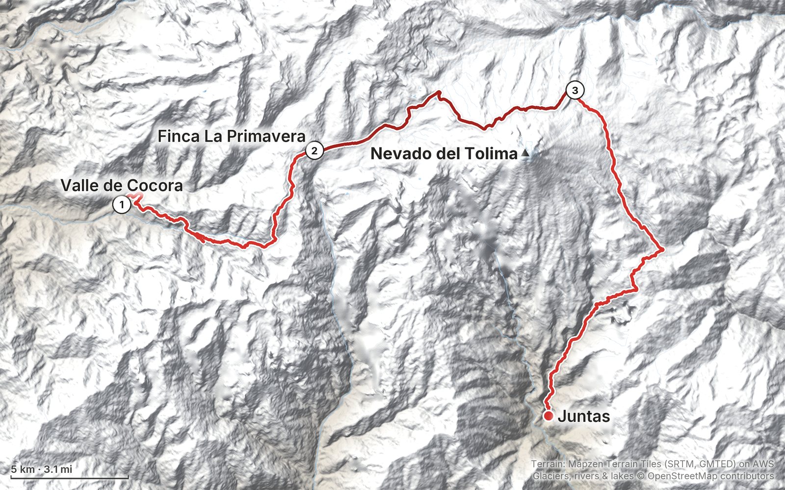 Relief map of the Los Nevados route: 3 days drawn in red with numbered day starts, labelled Valle de Cocora, Juntas, Nevado del Tolima and Finca La Primavera.