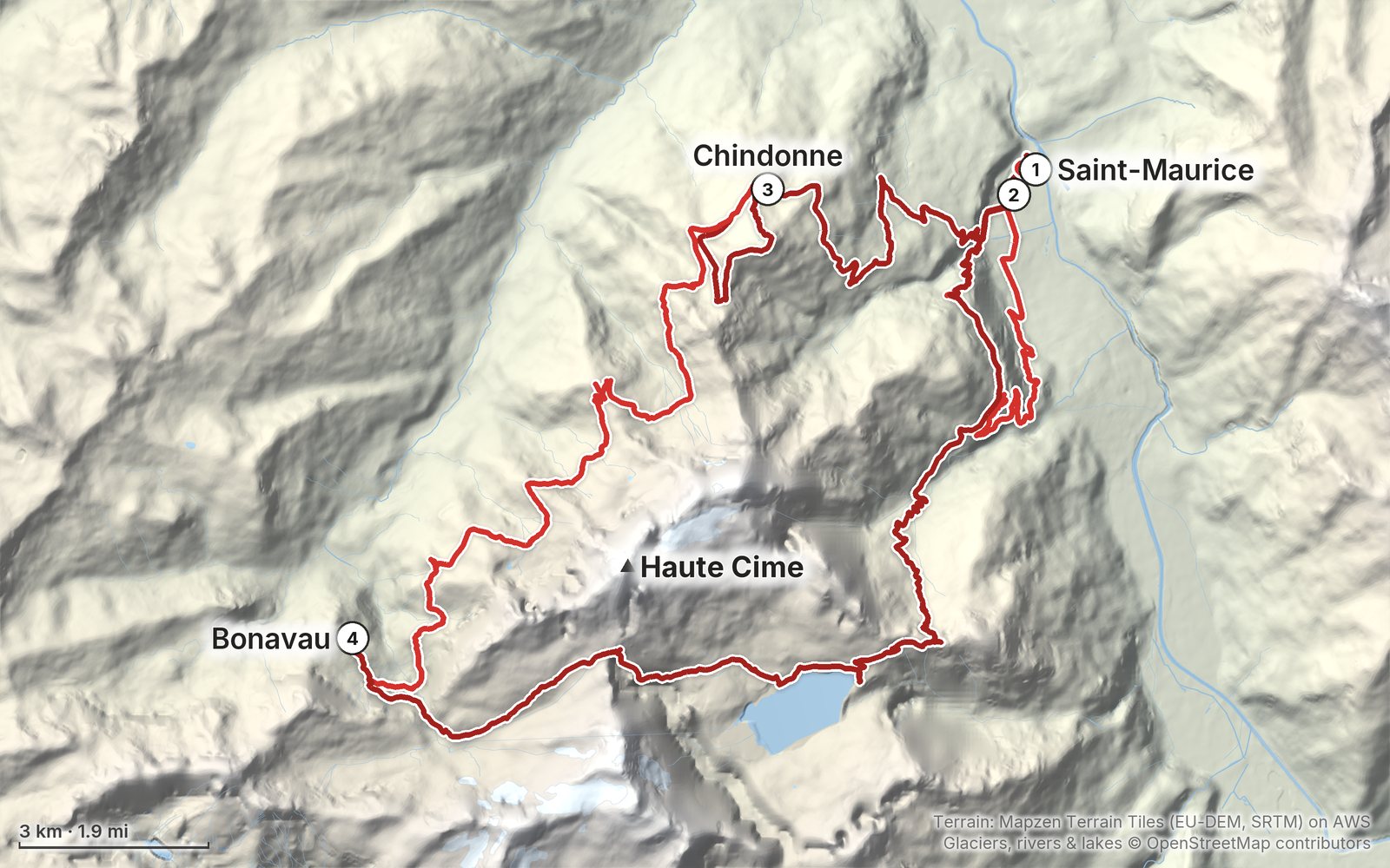 Relief map of the Tour des Dents du Midi route: 4 days drawn in red with numbered day starts, labelled Saint-Maurice, Haute Cime, Bonavau and Chindonne.