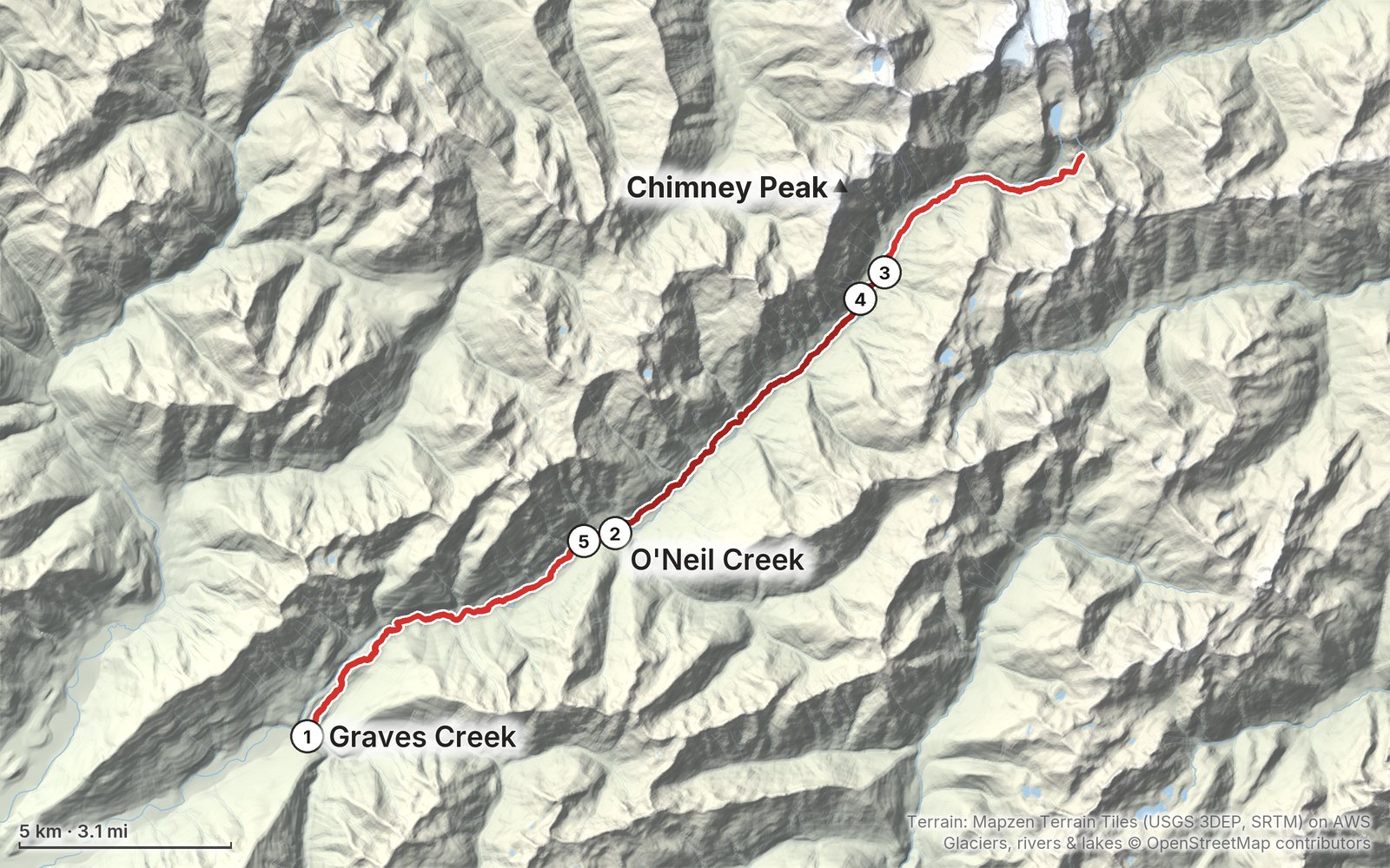 Relief map of the Enchanted Valley route: 5 days drawn in red with numbered day starts, labelled Graves Creek, Chimney Peak and O'Neil Creek.