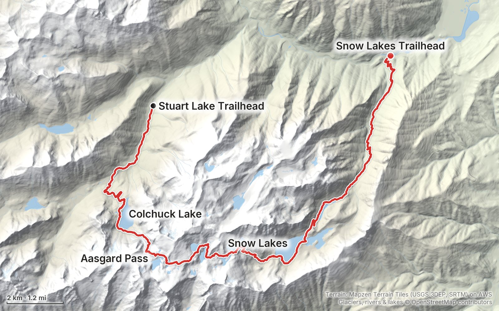 Relief map of the The Enchantments route: the route drawn in red, labelled Stuart Lake Trailhead, Snow Lakes Trailhead, Colchuck Lake, Aasgard Pass and Snow Lakes.