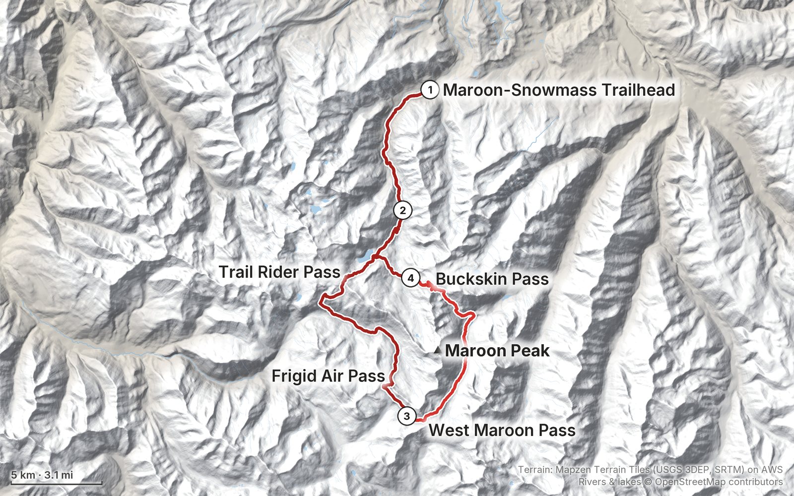 Relief map of the Four Pass Loop route: 4 days drawn in red with numbered day starts, labelled Maroon-Snowmass Trailhead, Maroon Peak, Trail Rider Pass, Frigid Air Pass, West Maroon Pass and Buckskin Pass.