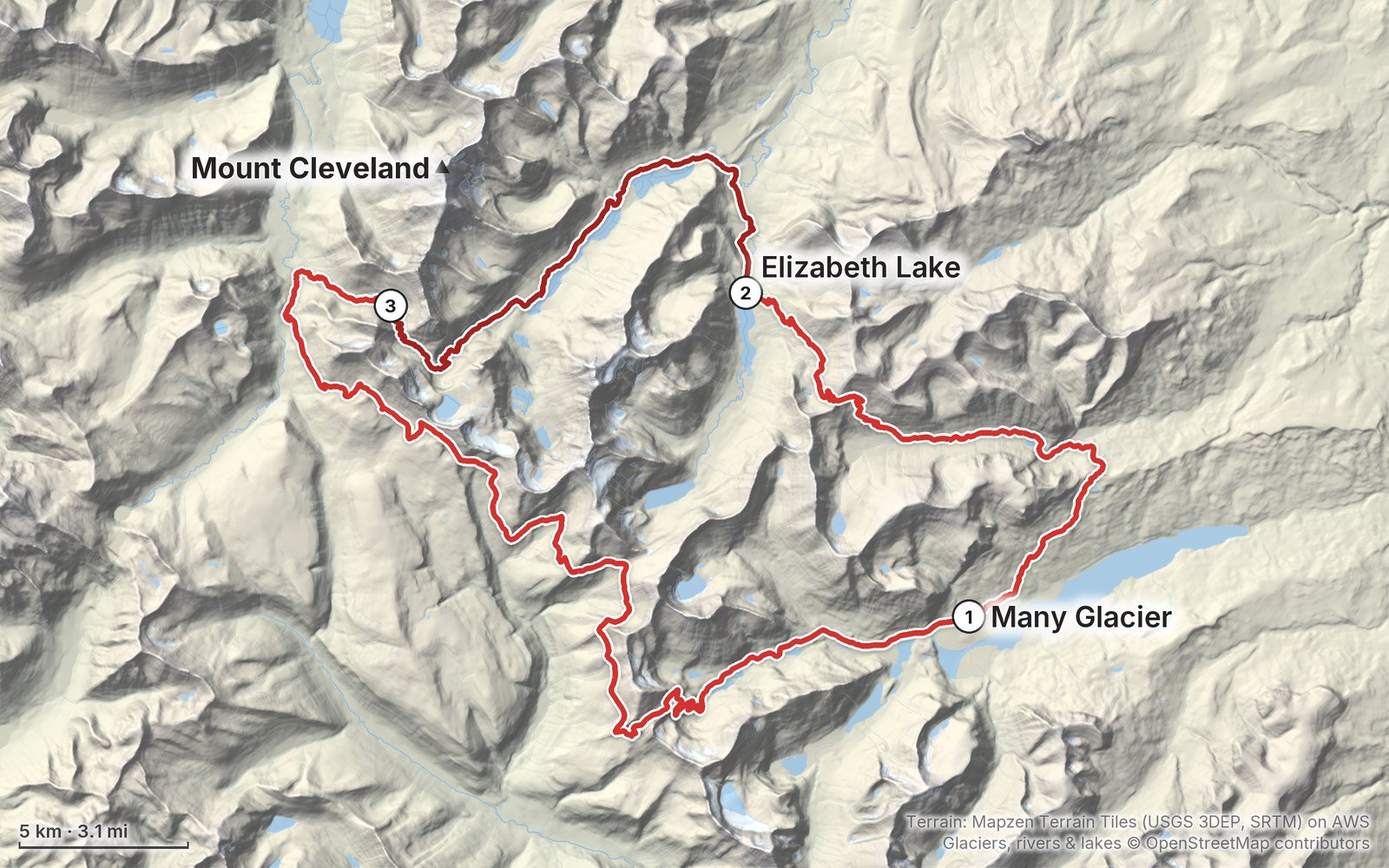 Relief map of the Glacier North Loop route: 3 days drawn in red with numbered day starts, labelled Many Glacier, Mount Cleveland and Elizabeth Lake.