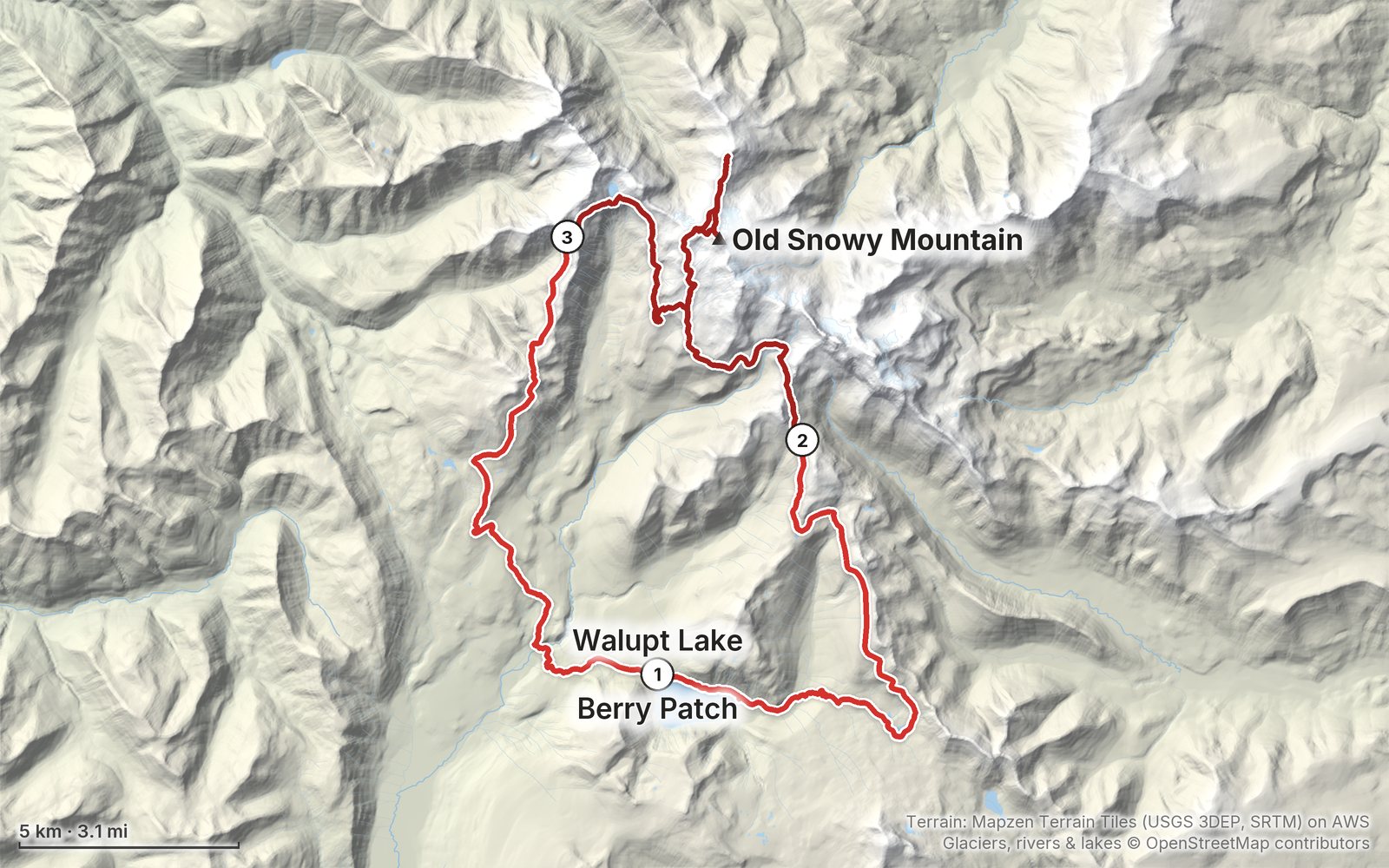 Relief map of the Goat Rocks route: 3 days drawn in red with numbered day starts, labelled Walupt Lake, Berry Patch and Old Snowy Mountain.