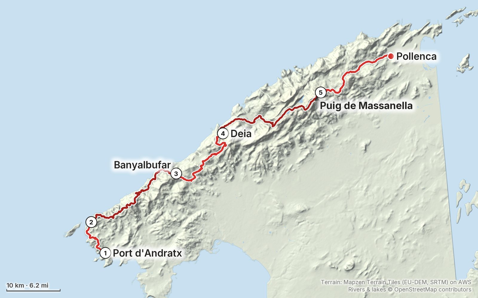 Relief map of the GR221 route: 5 days drawn in red with numbered day starts, labelled Port d'Andratx, Pollenca, Puig de Massanella, Banyalbufar and Deia.