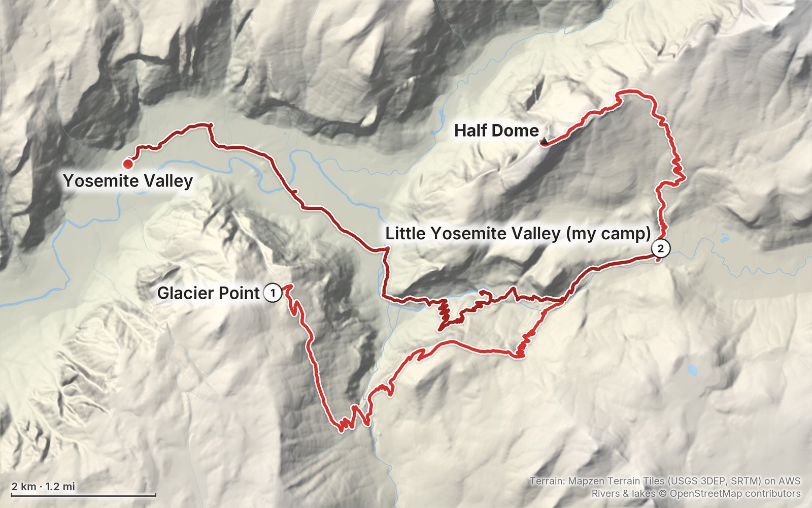 Relief map of the Half Dome route: 2 days drawn in red with numbered day starts, labelled Glacier Point, Yosemite Valley, Half Dome and Little Yosemite Valley (my camp).