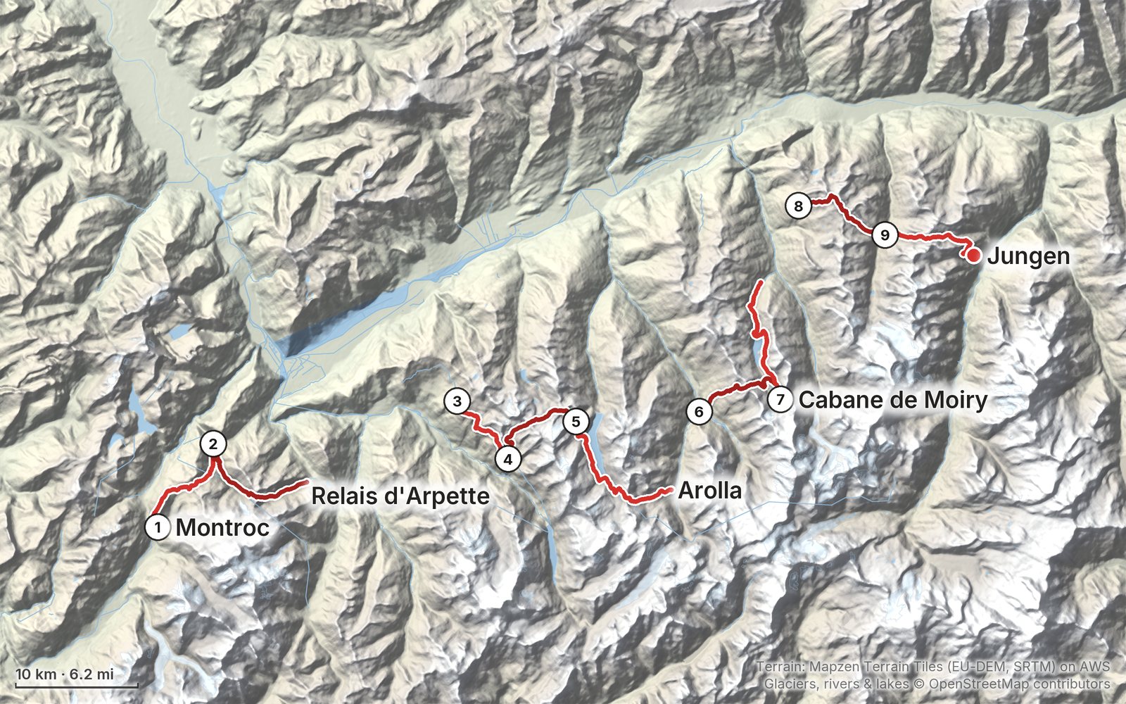 Relief map of the Haute Route route: 9 days drawn in red with numbered day starts, labelled Montroc, Jungen, Cabane de Moiry, Relais d'Arpette and Arolla.