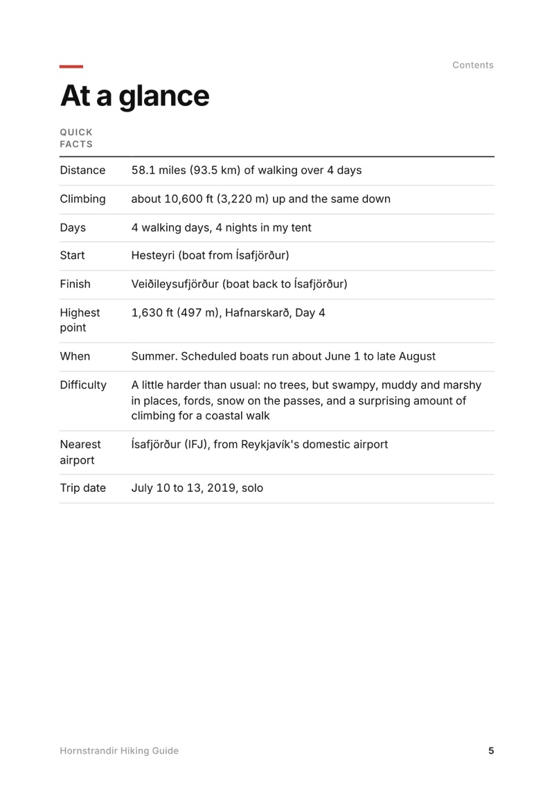 At a glance page from the Hornstrandir Hiking Guide