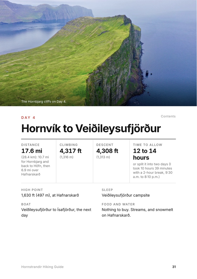 A day page page from the Hornstrandir Hiking Guide