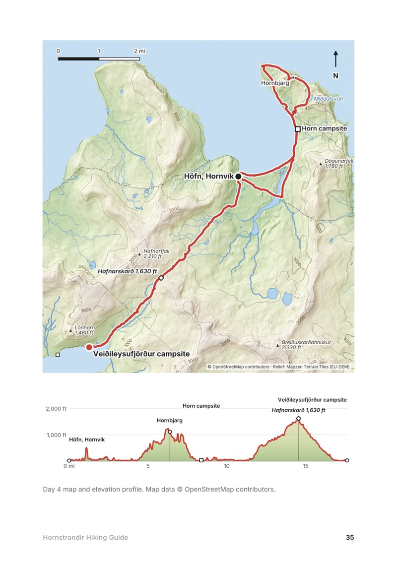 A day map and elevation profile page from the Hornstrandir Hiking Guide