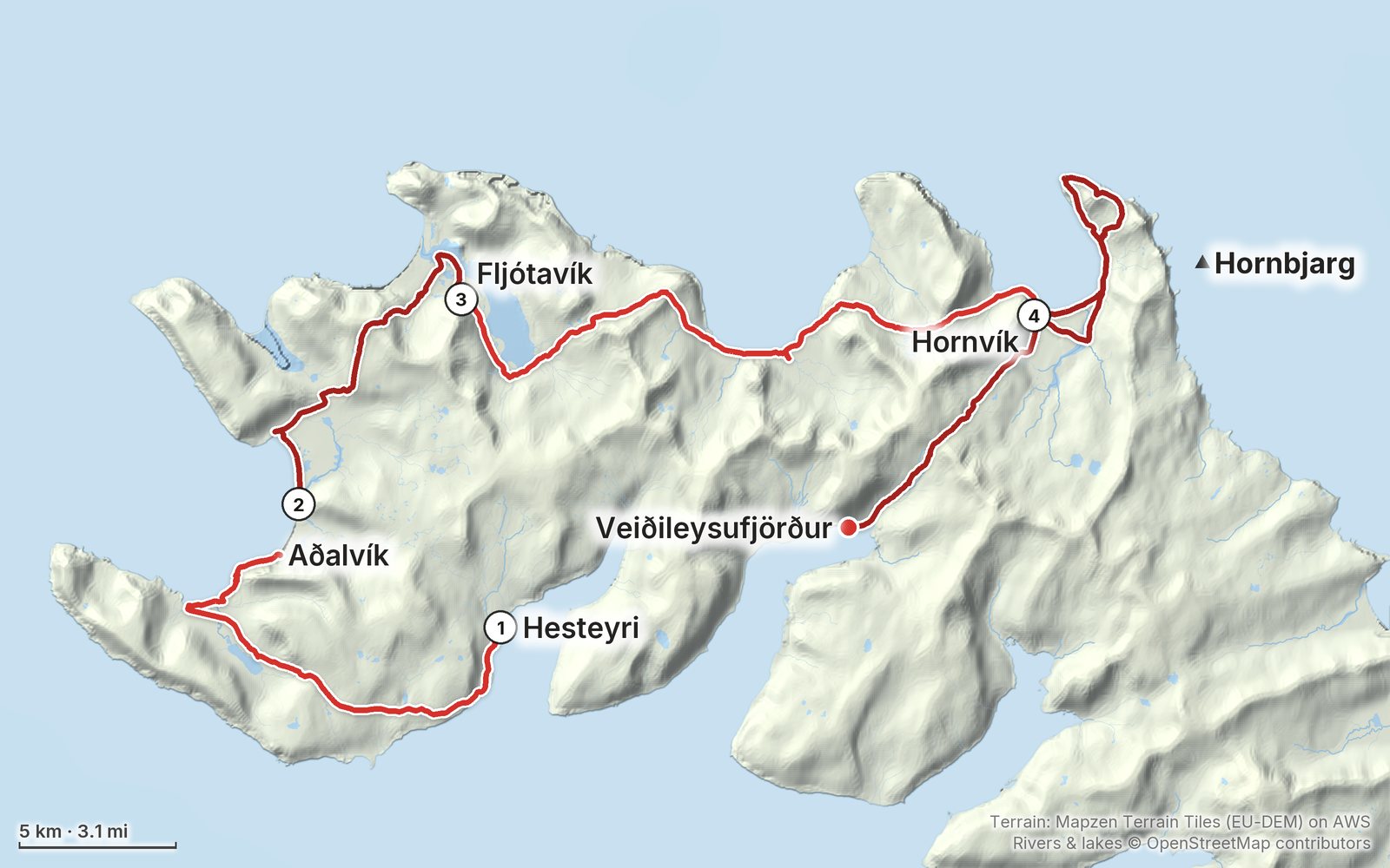 Relief map of the Hornstrandir route: 4 days drawn in red with numbered day starts, labelled Hesteyri, Veiðileysufjörður, Aðalvík, Fljótavík, Hornvík and Hornbjarg.