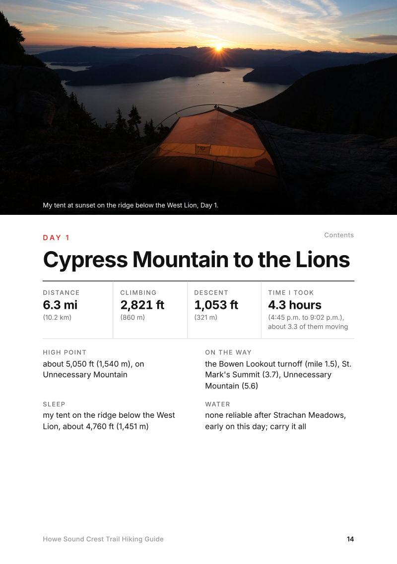 The Day 1, Cypress Mountain to the Lions page from the Howe Sound Crest Trail Hiking Guide
