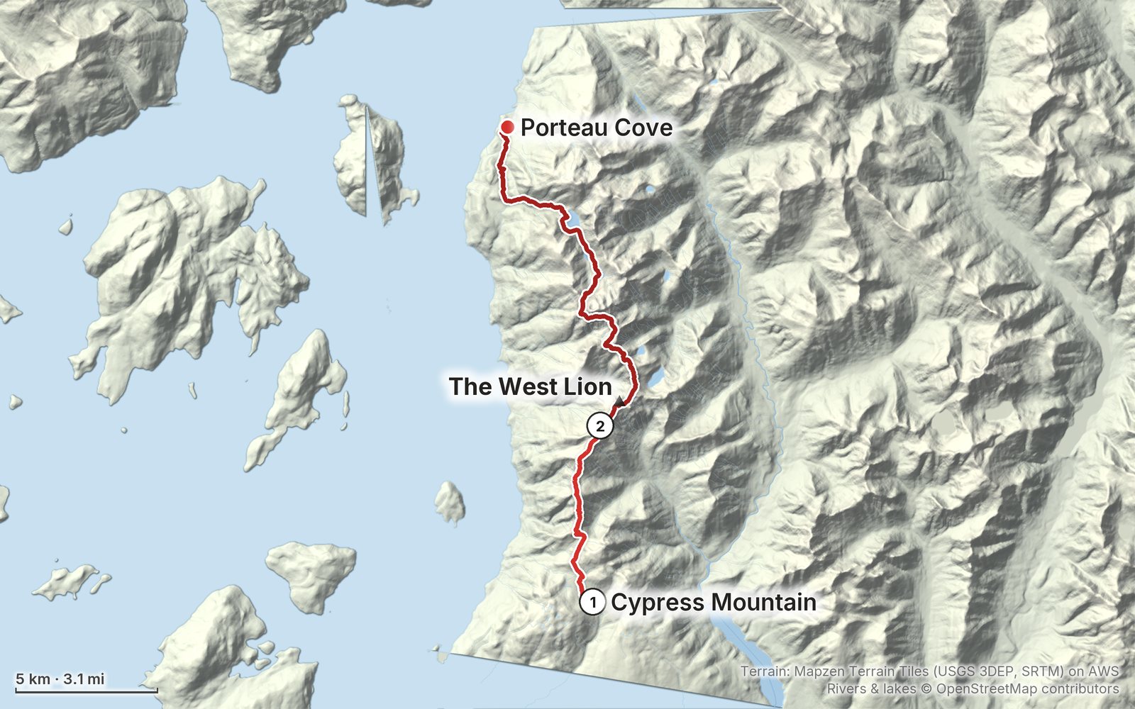 Relief map of the Howe Sound Crest Trail route: 2 days drawn in red with numbered day starts, labelled Cypress Mountain, Porteau Cove and The West Lion.