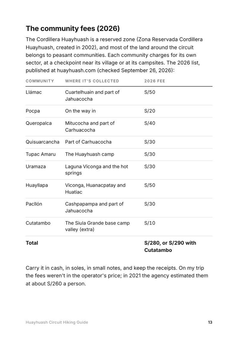 The community fees page from the Huayhuash Circuit Hiking Guide