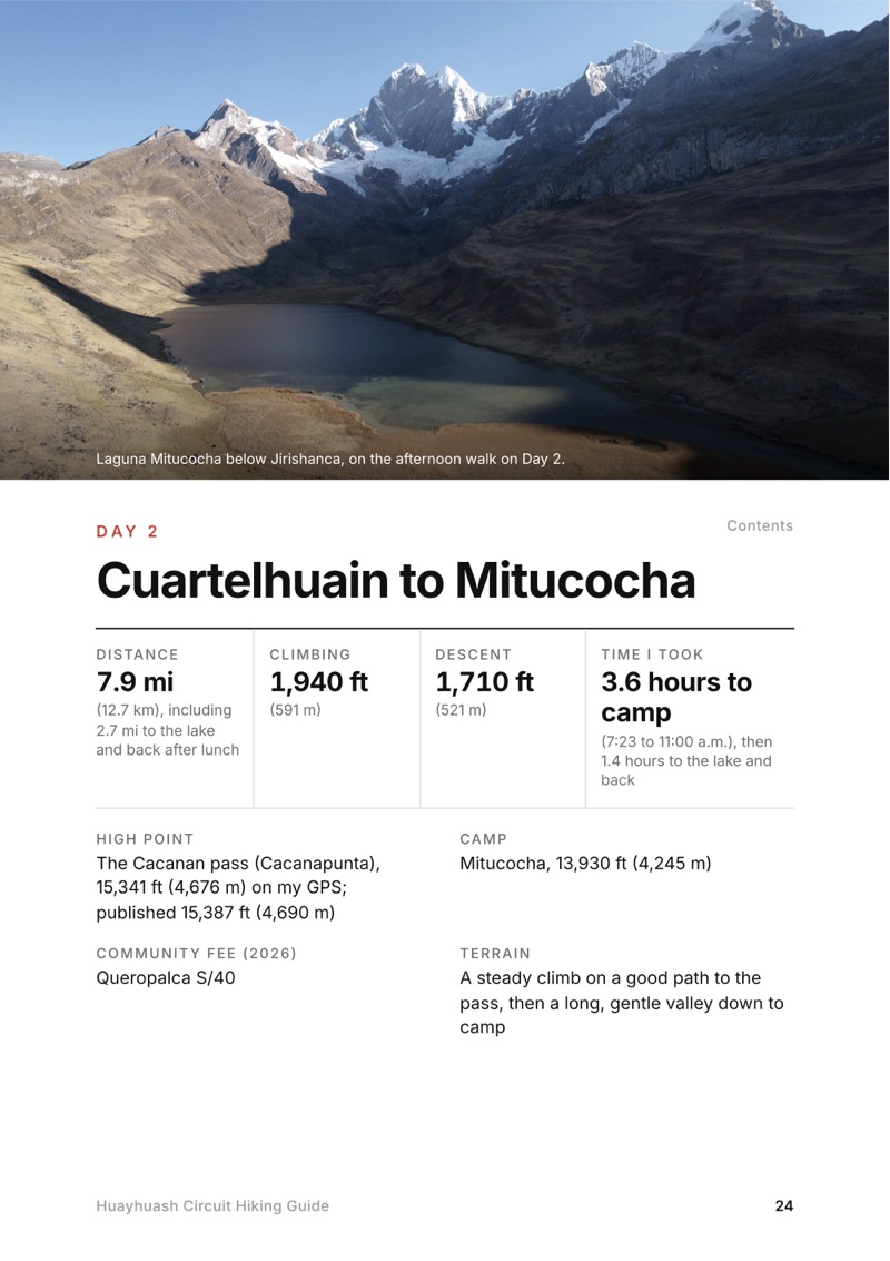A day page page from the Huayhuash Circuit Hiking Guide