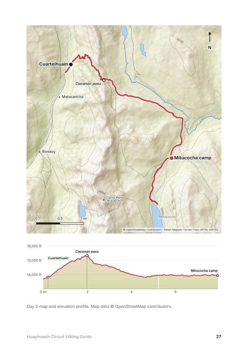 A day map and elevation profile page from the Huayhuash Circuit Hiking Guide