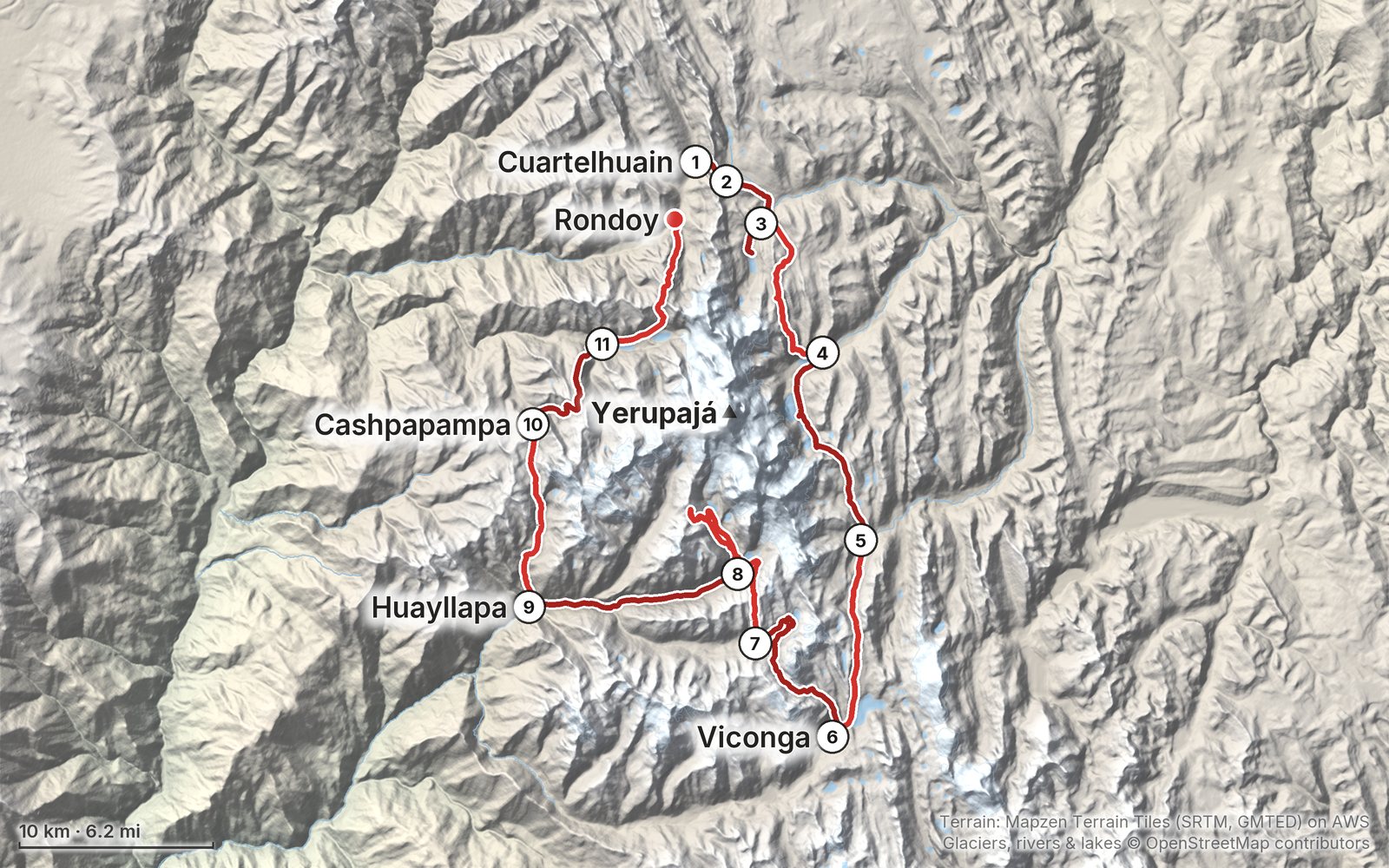 Relief map of the Huayhuash Circuit route: 11 days drawn in red with numbered day starts, labelled Cuartelhuain, Rondoy, Yerupajá, Viconga, Huayllapa and Cashpapampa.