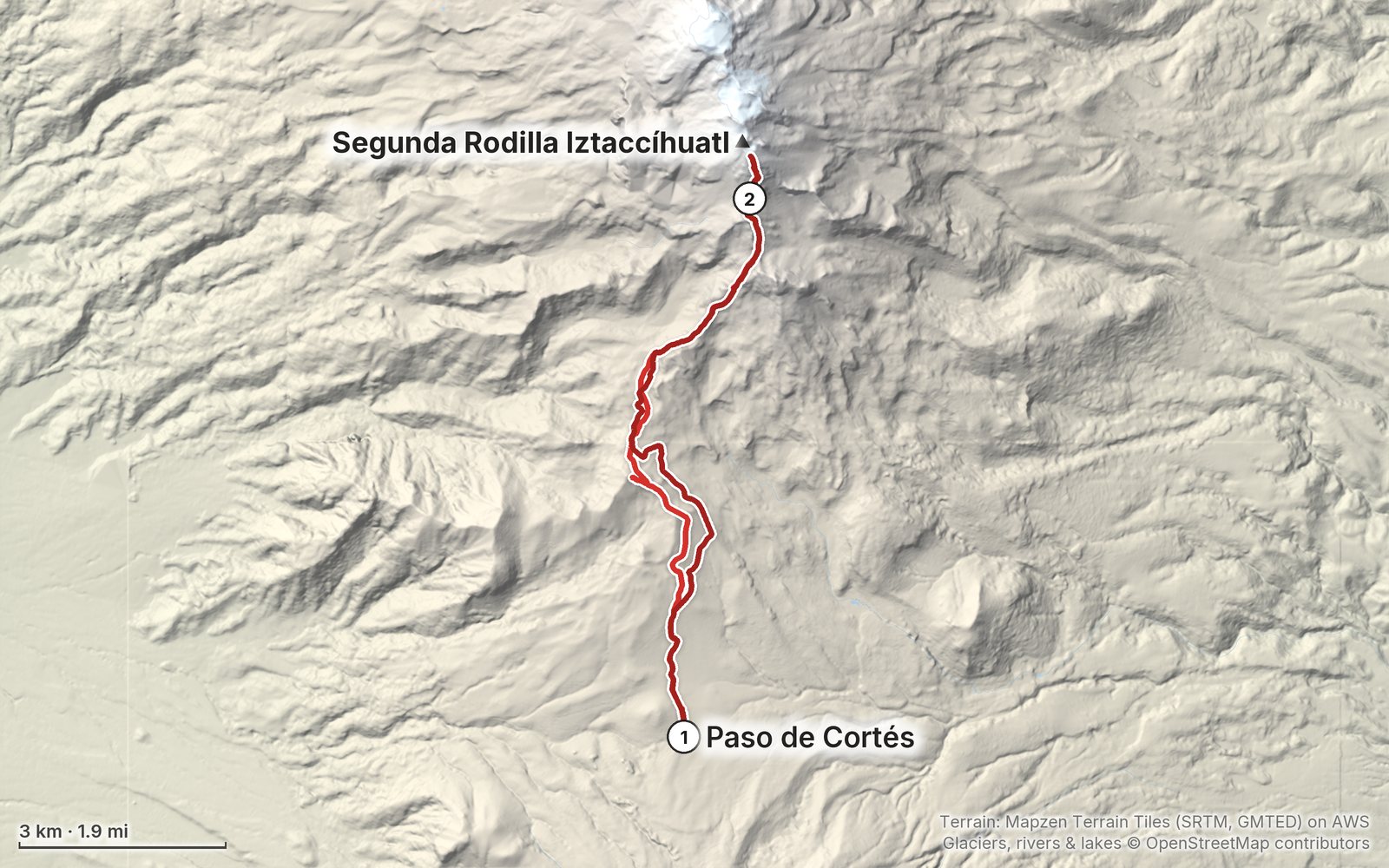 Relief map of the Iztaccíhuatl route: 2 days drawn in red with numbered day starts, labelled Paso de Cortés and Segunda Rodilla Iztaccíhuatl.