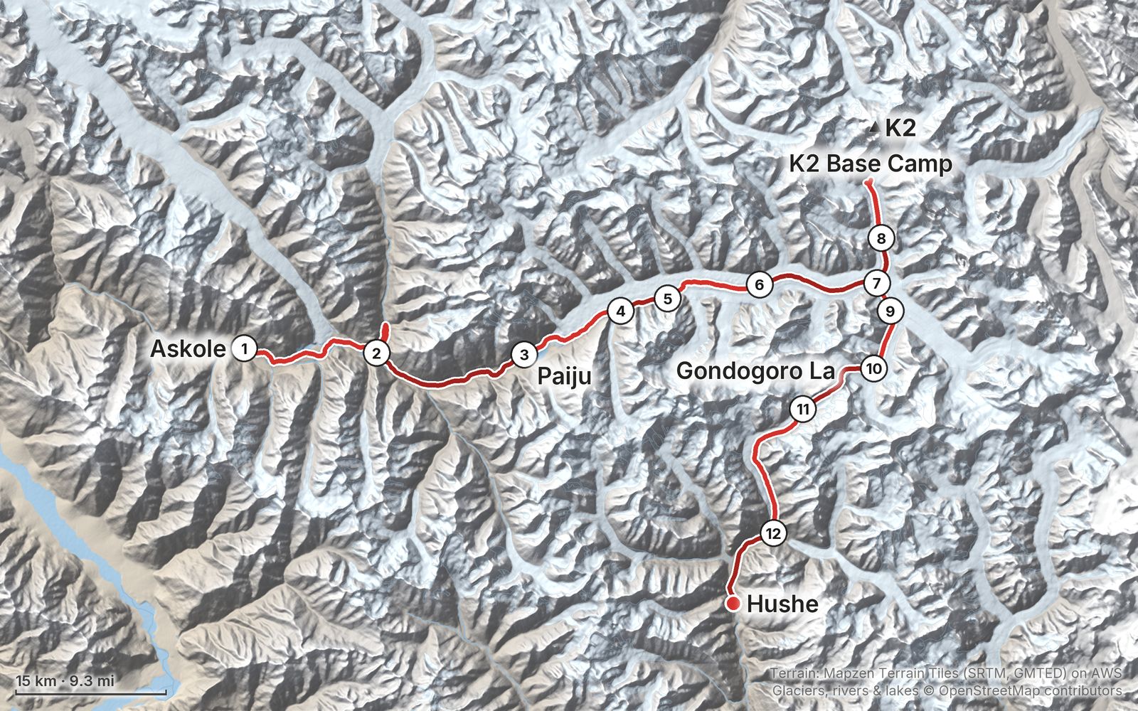 Relief map of the K2 Base Camp route: 12 days drawn in red with numbered day starts, labelled Askole, Hushe, K2, Paiju, K2 Base Camp and Gondogoro La.