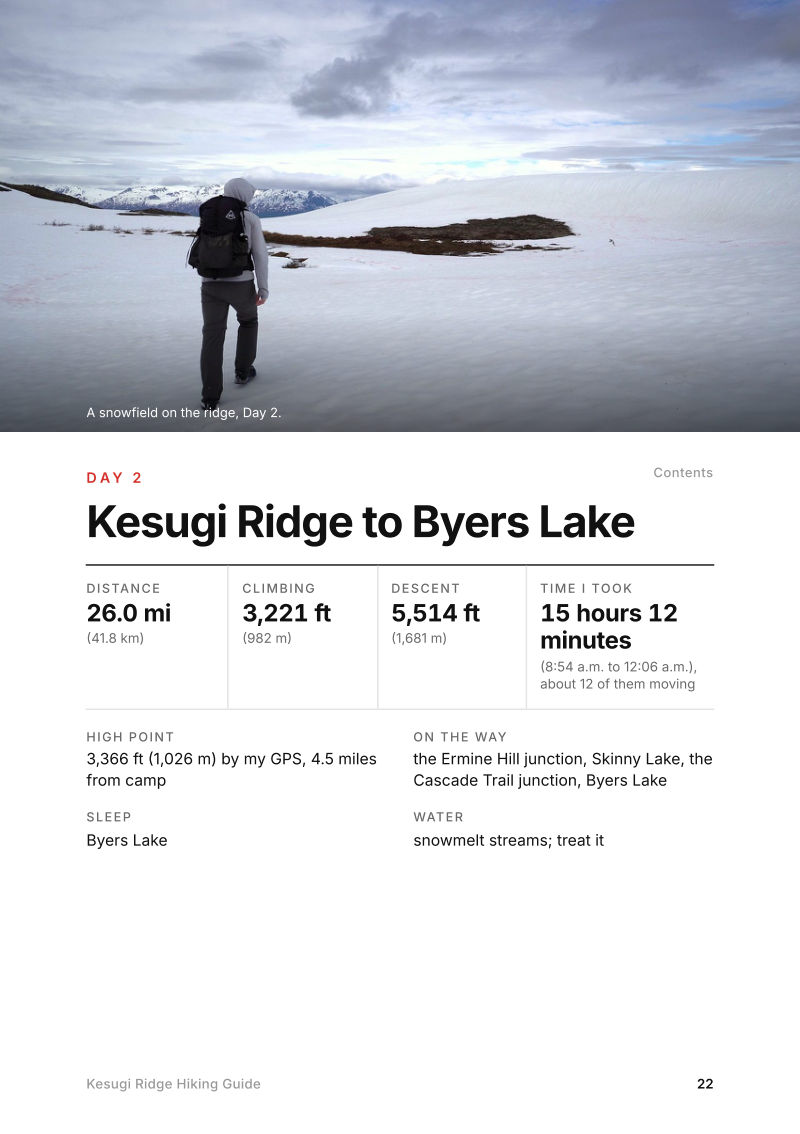 The Day 2, Kesugi Ridge to Byers Lake page from the Kesugi Ridge Hiking Guide