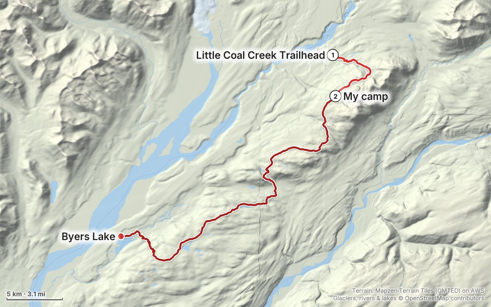 Relief map of the Kesugi Ridge route: 2 days drawn in red with numbered day starts, labelled Little Coal Creek Trailhead, Byers Lake and My camp.