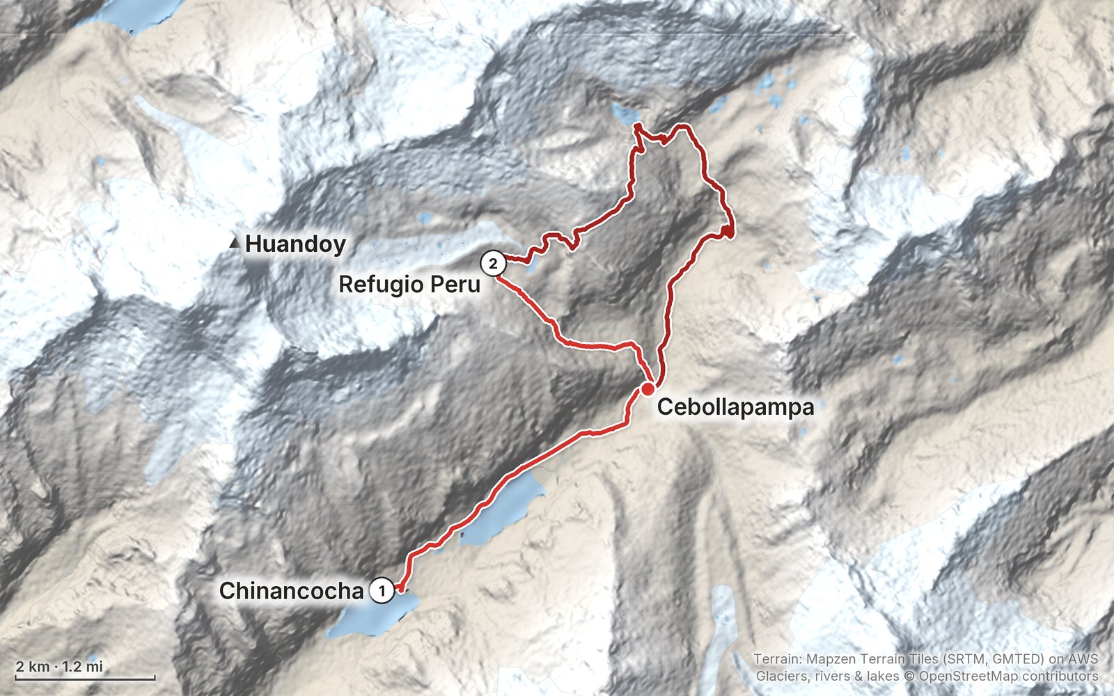 Relief map of the Laguna 69 route: 2 days drawn in red with numbered day starts, labelled Chinancocha, Cebollapampa, Huandoy and Refugio Peru.
