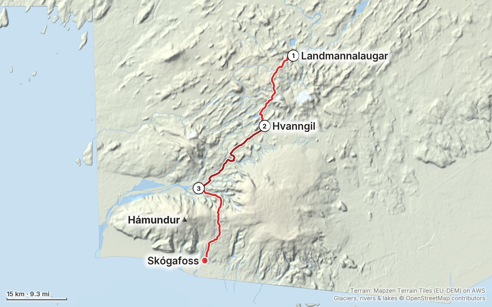 Relief map of the Laugavegur Trail route: 3 days drawn in red with numbered day starts, labelled Landmannalaugar, Skógafoss, Hámundur and Hvanngil.