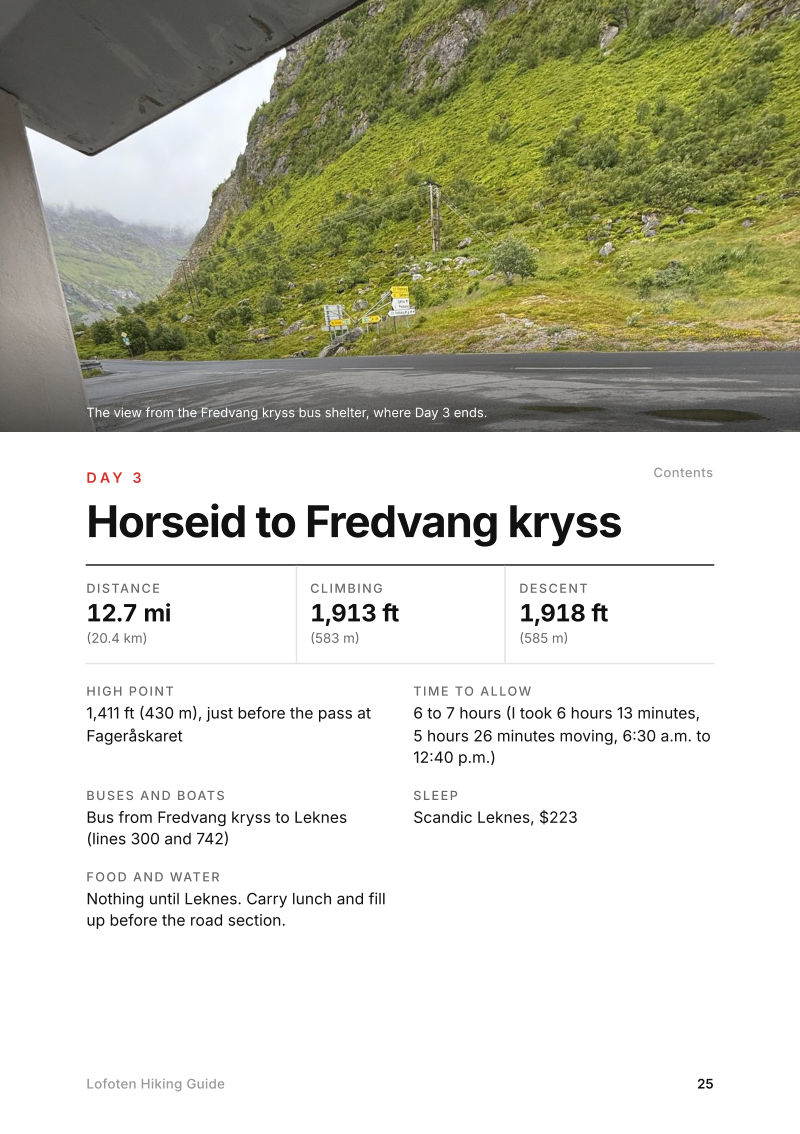The Day 3, Horseid to Fredvang kryss page from the Lofoten Hiking Guide