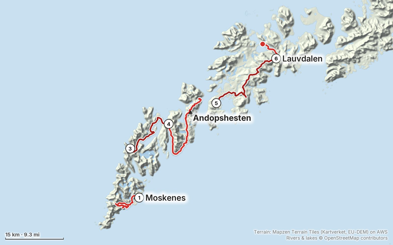 Relief map of the Lofoten route: 5 days drawn in red with numbered day starts, labelled Moskenes, Andopshesten and Lauvdalen.