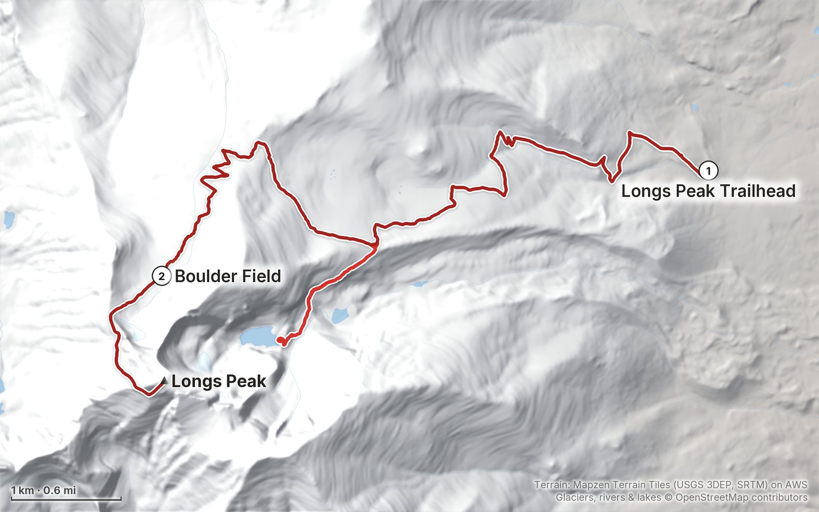 Relief map of the Longs Peak route: 2 days drawn in red with numbered day starts, labelled Longs Peak Trailhead, Longs Peak and Boulder Field.