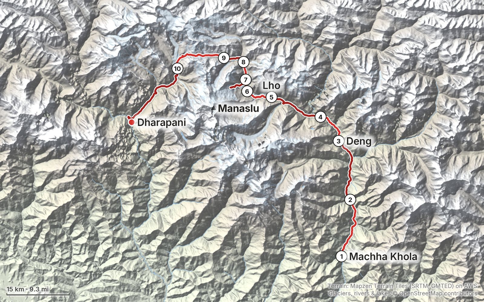 Relief map of the Manaslu Circuit route: 10 days drawn in red with numbered day starts, labelled Machha Khola, Dharapani, Manaslu, Deng and Lho.