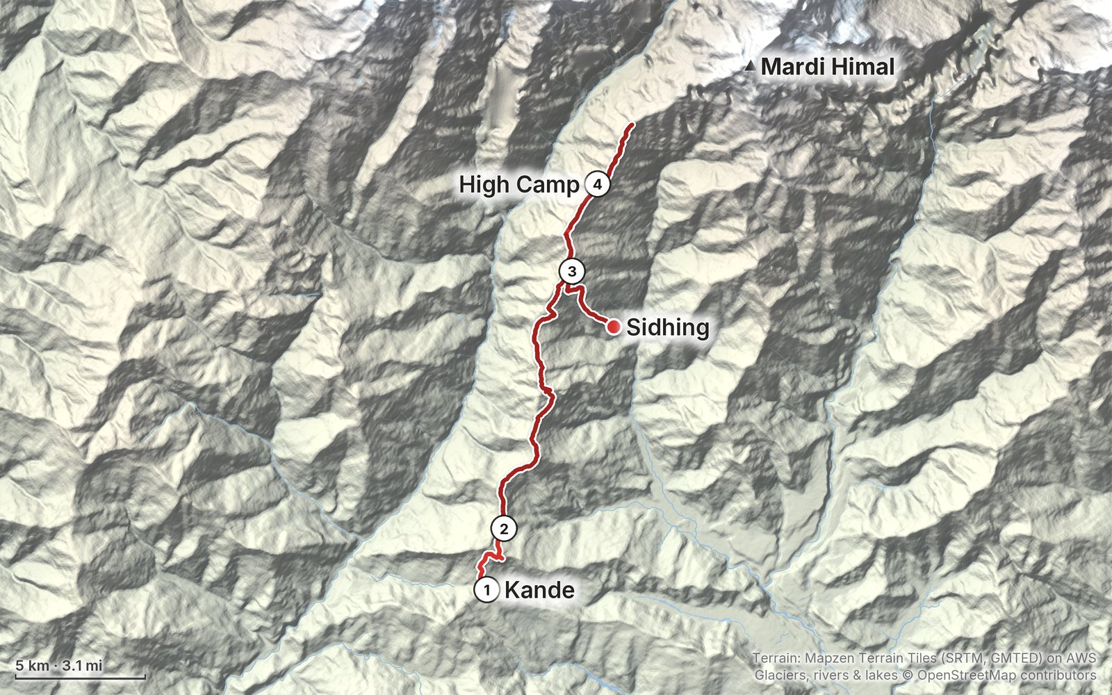 Relief map of the Mardi Himal route: 4 days drawn in red with numbered day starts, labelled Kande, Sidhing, Mardi Himal and High Camp.