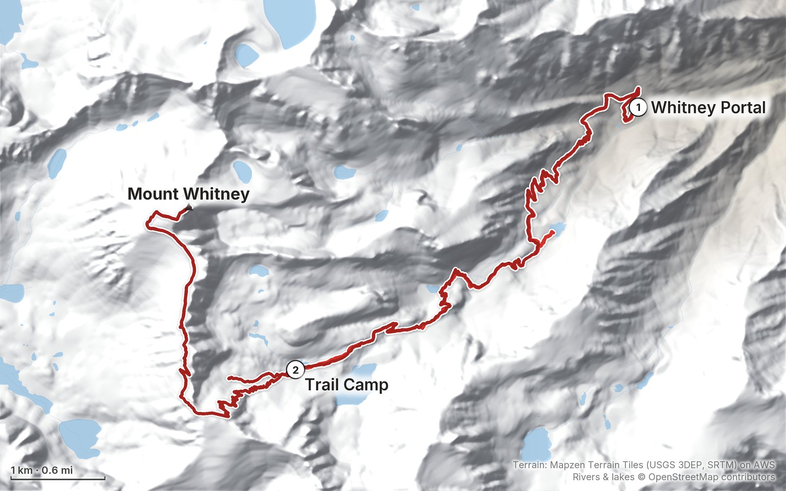Relief map of the Mount Whitney route: 2 days drawn in red with numbered day starts, labelled Whitney Portal, Mount Whitney and Trail Camp.