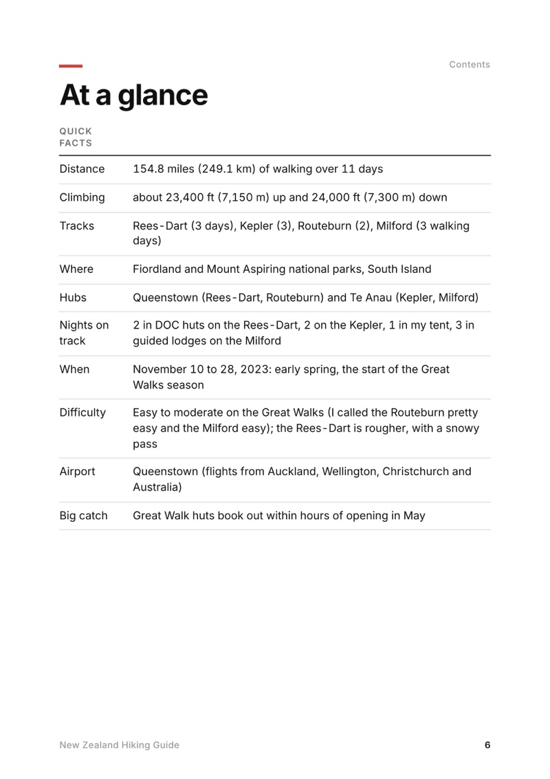 At a glance page from the New Zealand Hiking Guide