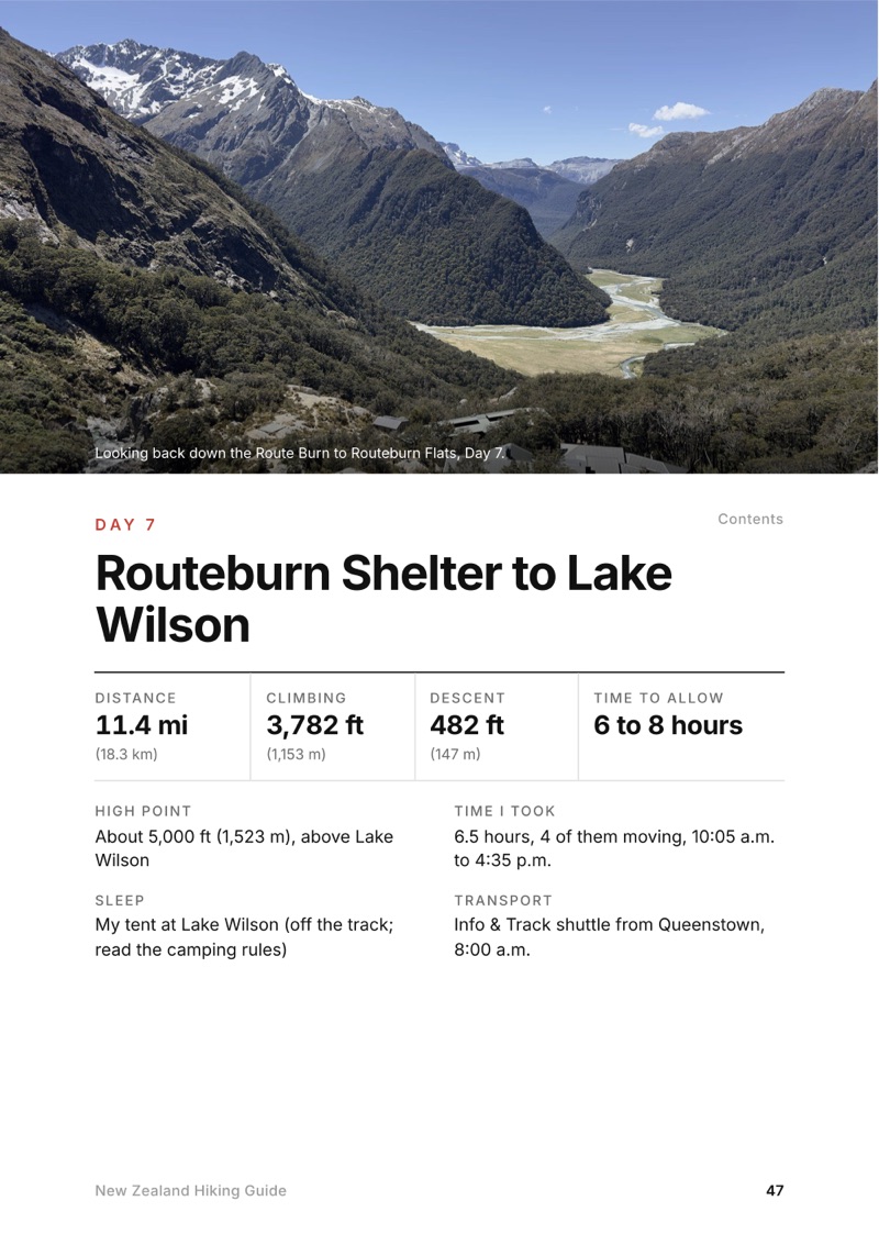A day page page from the New Zealand Hiking Guide