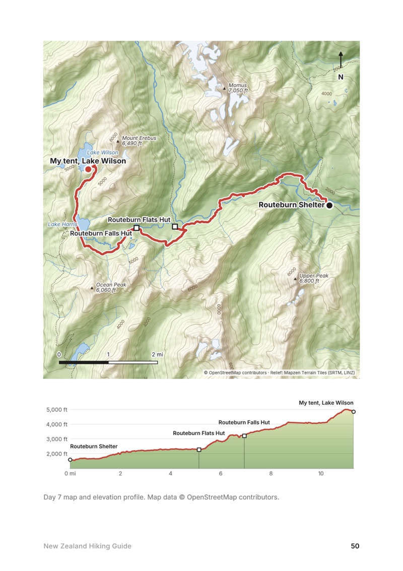 A day map and elevation profile page from the New Zealand Hiking Guide