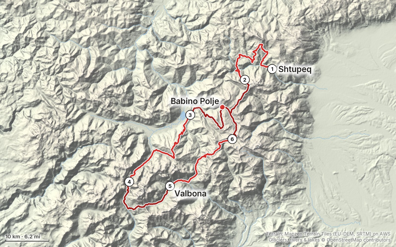 Relief map of the Peaks of the Balkans route: 6 days drawn in red with numbered day starts, labelled Shtupeq, Babino Polje and Valbona.