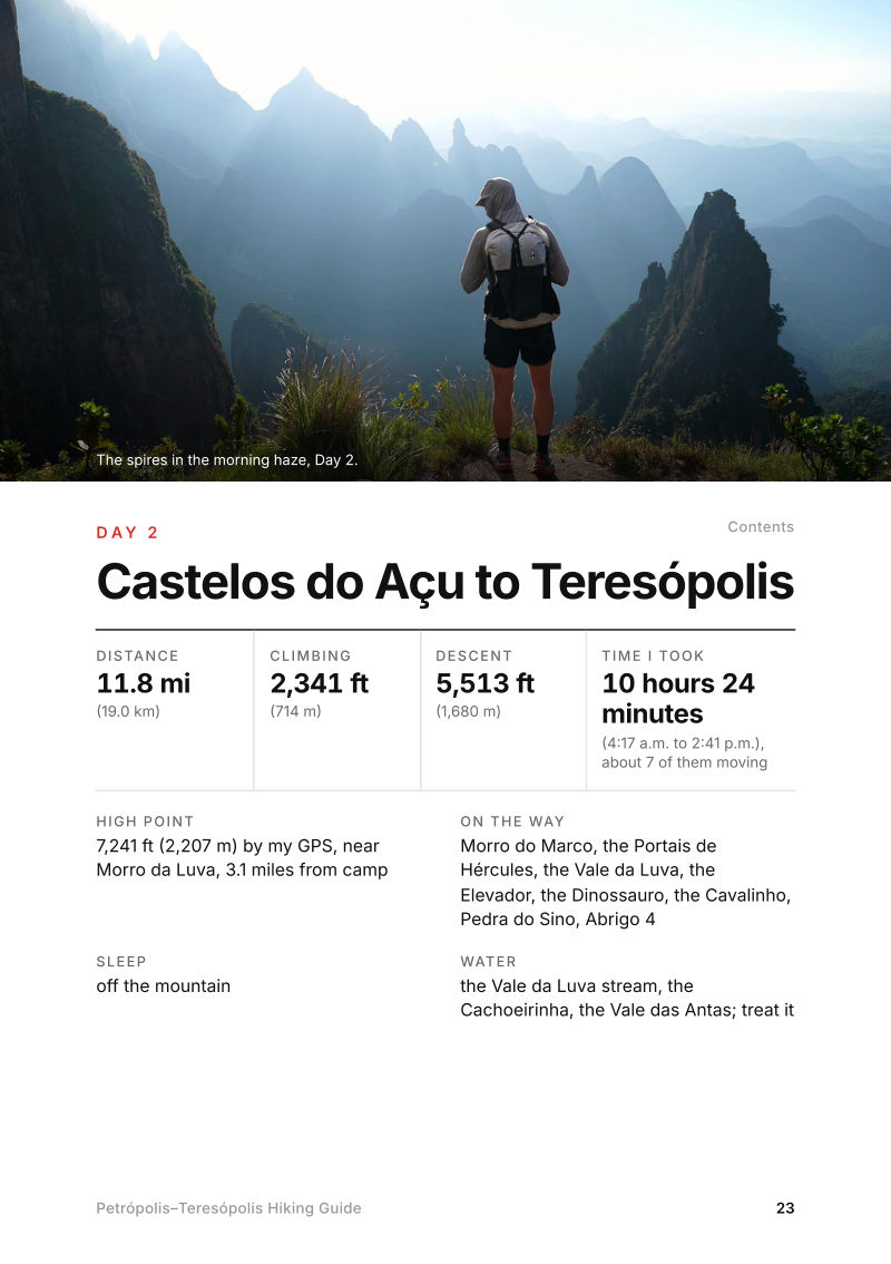 The Day 2, Castelos do Açu to Teresópolis page from the Petrópolis–Teresópolis Hiking Guide